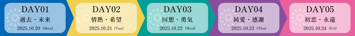DAY1:過去・未来 DAY2:情熱・希望 DAY3:回想・勇気 DAY4:純愛・感謝 DAY5:初恋・永遠