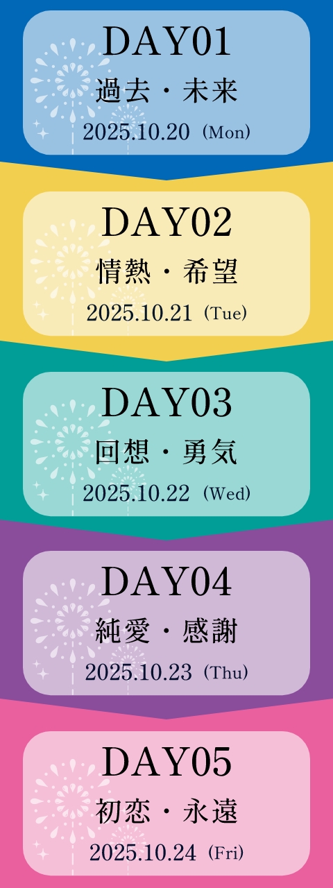 DAY1:過去・未来 DAY2:情熱・希望 DAY3:回想・勇気 DAY4:純愛・感謝 DAY5:初恋・永遠